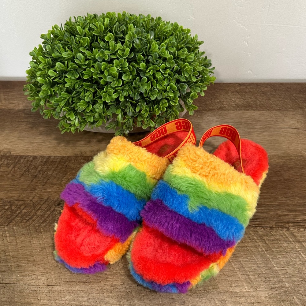 UGG Fluff Yeah Slide Rainbow Stripes - 1119840K Slippers Size 6